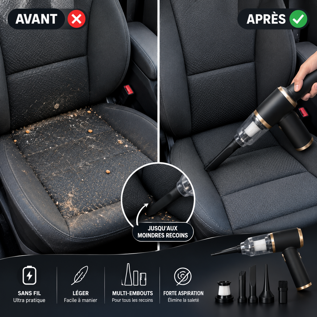 Aspirateur voiture sans fil avec ses 6 embouts pour sièges, recoins et aérations