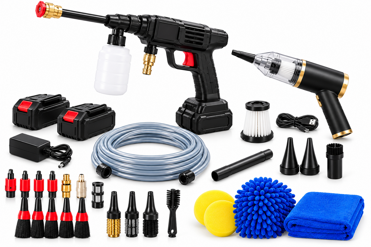 Kit complet lavage voiture : nettoyeur haute pression sans fil, aspirateur sans fil et brosses detailing