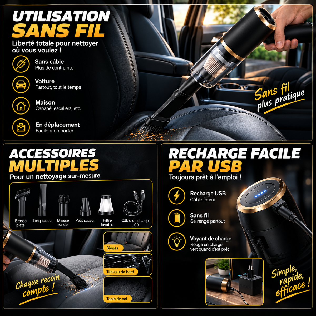 Aspirateur sans fil pour l'intérieur de la voiture