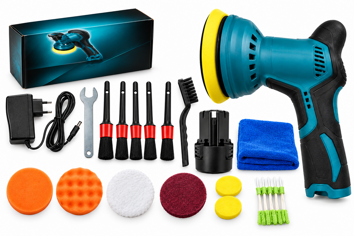 Kit Brillance pour faire briller sa voiture : polisseuse sans fil et brosses detailing