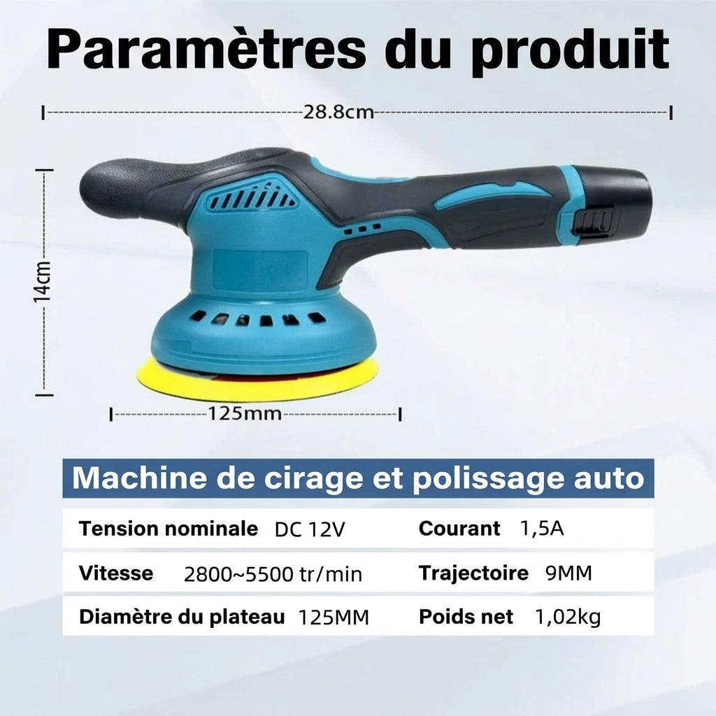 Caractéristiques de la polisseuse sans fil 12V : 2800 à 5500 tr/min, plateau 125 mm